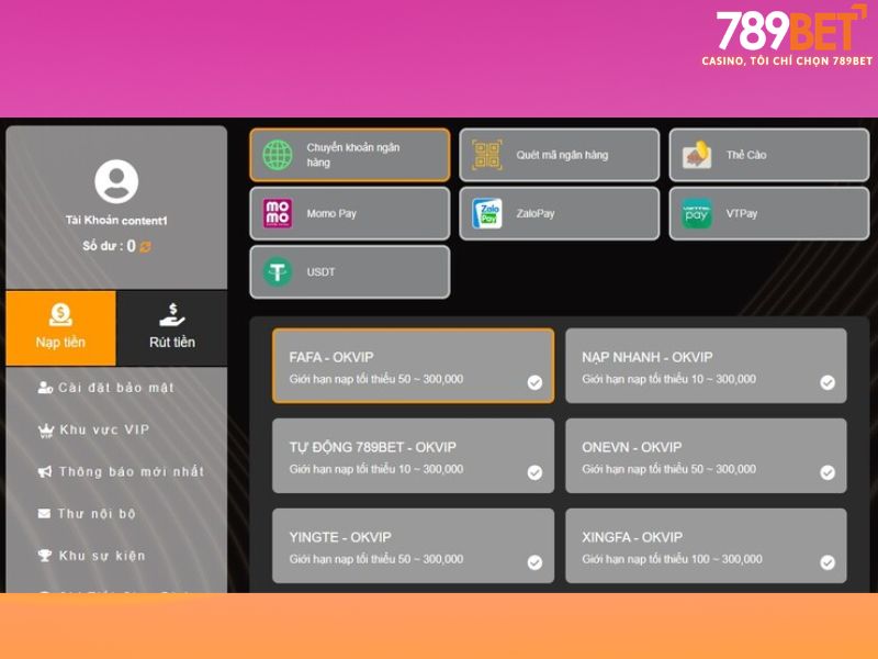Các phương thức nạp tiền 789BET phổ biến nhất hiện nay