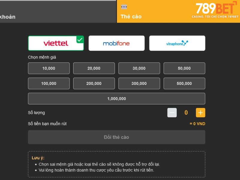Rút tiền 789BET bằng thẻ cào
